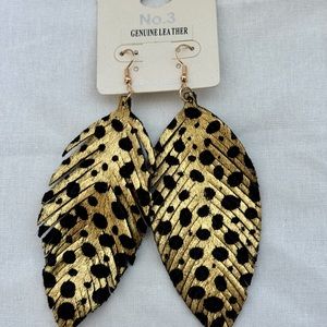 Pair of leather leopard print feather earrings.
